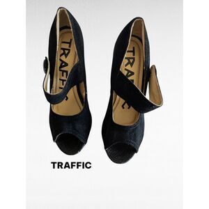 Traffic Black Peep Toe Platform Heels Mary Jane Chunky Block Heel Sz10